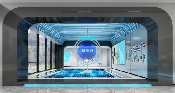 展厅设计以科技蓝为主调，解构新能源展厅的设计美学