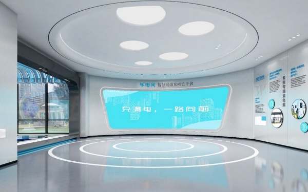 展厅设计以科技蓝为主调，解构新能源展厅的设计美学