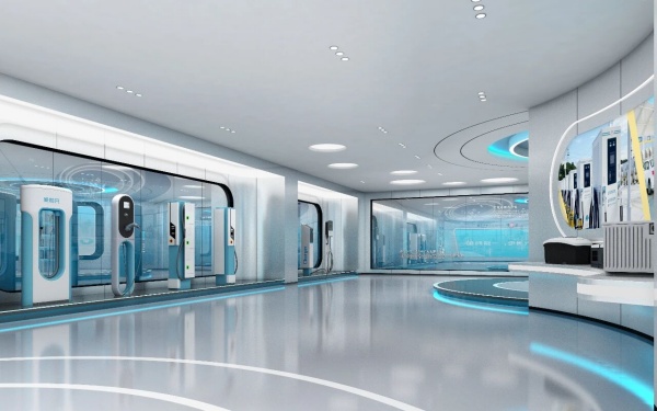 展厅设计以科技蓝为主调，解构新能源展厅的设计美学