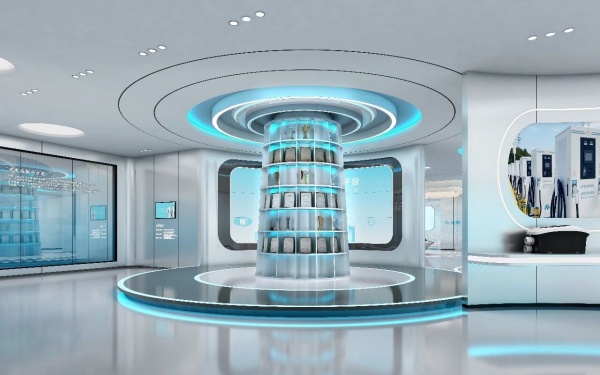 展厅设计以科技蓝为主调，解构新能源展厅的设计美学