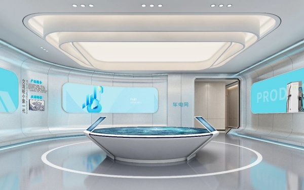 展厅设计以科技蓝为主调，解构新能源展厅的设计美学